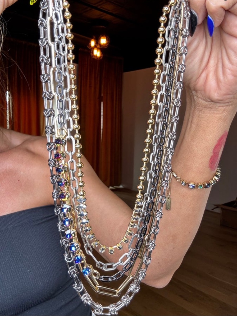 Tova Myla-Mixed Metal Multi-Strand Necklace with Blue Crystal Accents